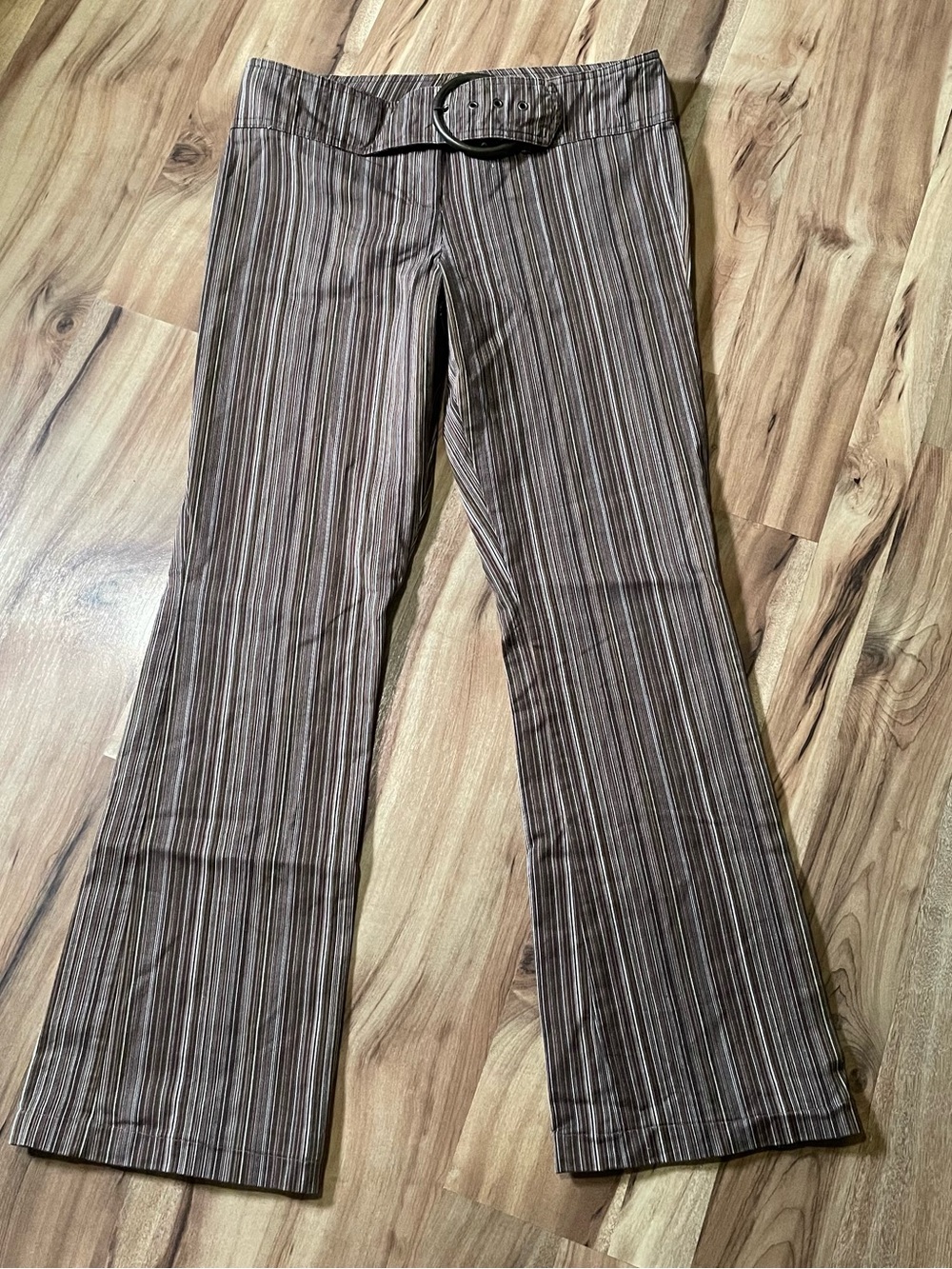 Lunachix Brown Pinstripe Flare Pants Front Buckle Trouser Made in USA 2012 11/12